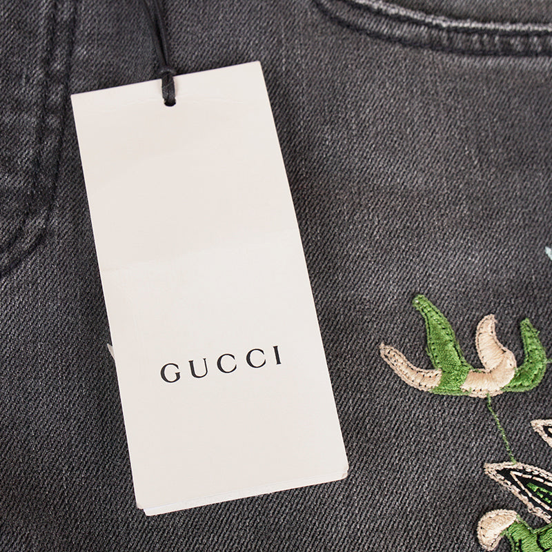 sz 28 NEW $1300 GUCCI Gray GREEN CHINESE DRAGON EMBROIDERY Denim SKINNY JEANS