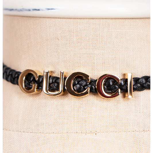 NEW $570 GUCCI Black Braided Leather Gold Tone Brass LOGO CHOKER NECKLACE 15"