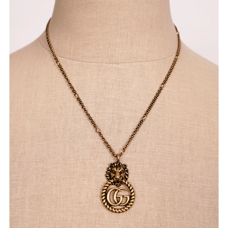 NEW $730 GUCCI Lion Head Aged Gold Tone MARMONT GG LOGO Torchon NECKLACE NIB NWT