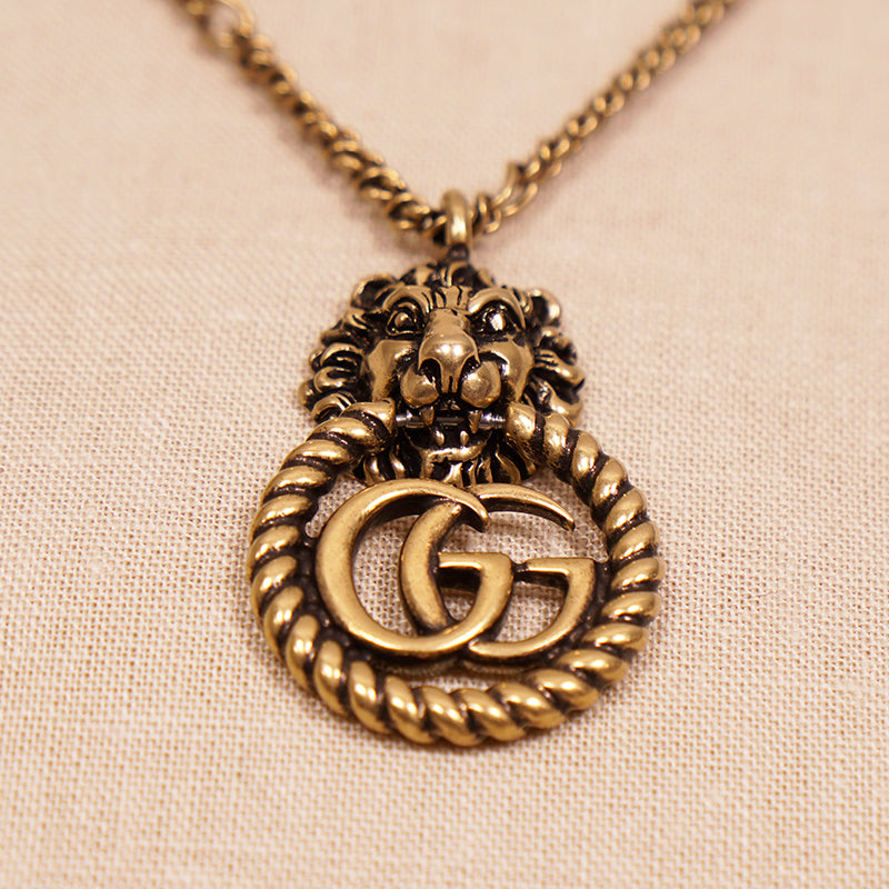 NEW $730 GUCCI Lion Head Aged Gold Tone MARMONT GG LOGO Torchon NECKLACE NIB NWT