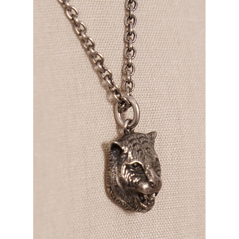 NEW $420 GUCCI Aged Sterling Silver TIGER CAT HEAD LOGO GG Pendant NECKLACE NIB