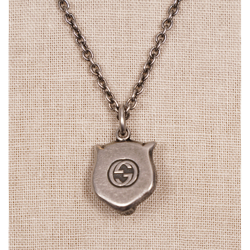 NEW $420 GUCCI Aged Sterling Silver TIGER CAT HEAD LOGO GG Pendant NECKLACE NIB