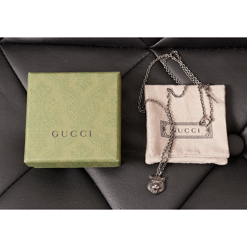 NEW $420 GUCCI Aged Sterling Silver TIGER CAT HEAD LOGO GG Pendant NECKLACE NIB