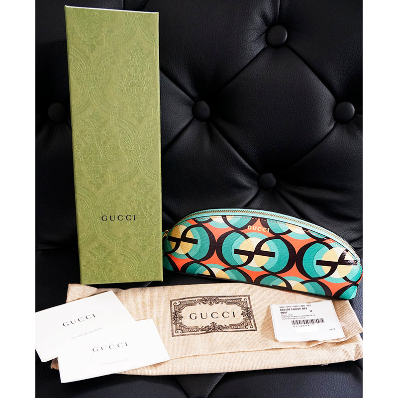 NEW $410 GUCCI Aqua Pink Black Demetra MOD GG Cascade Pencil CASE TRAVEL POUCH