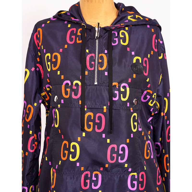 36 NEW $2,600 GUCCI Womans Blue JUMBO GG PRINT Anorak PULLOVER JACKET MINI DRESS