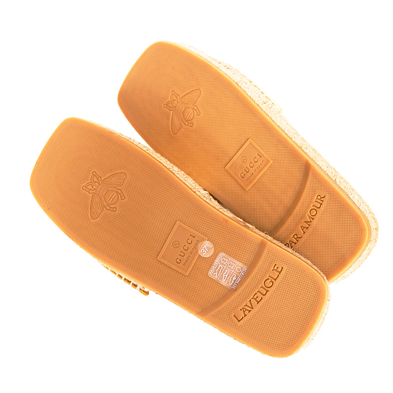 37.5 NEW $660 GUCCI Gold Leather LOGO GG Interlocking Cut Out ESPADRILLE SANDALS