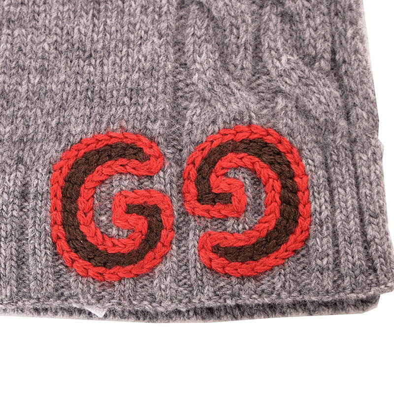 NEW $395 GUCCI Gray Heather 100% Wool CABLE KNIT RED GG LOGO 55" Long SCARF NWT