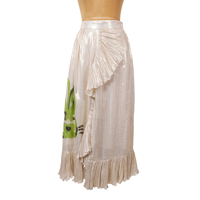 sz XS NEW $2800 GUCCI Gold Silk Ruffled Metallic GG RABBIT LUNAR YEAR Wrap SKIRT