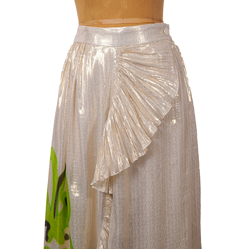 sz XS NEW $2800 GUCCI Gold Silk Ruffled Metallic GG RABBIT LUNAR YEAR Wrap SKIRT