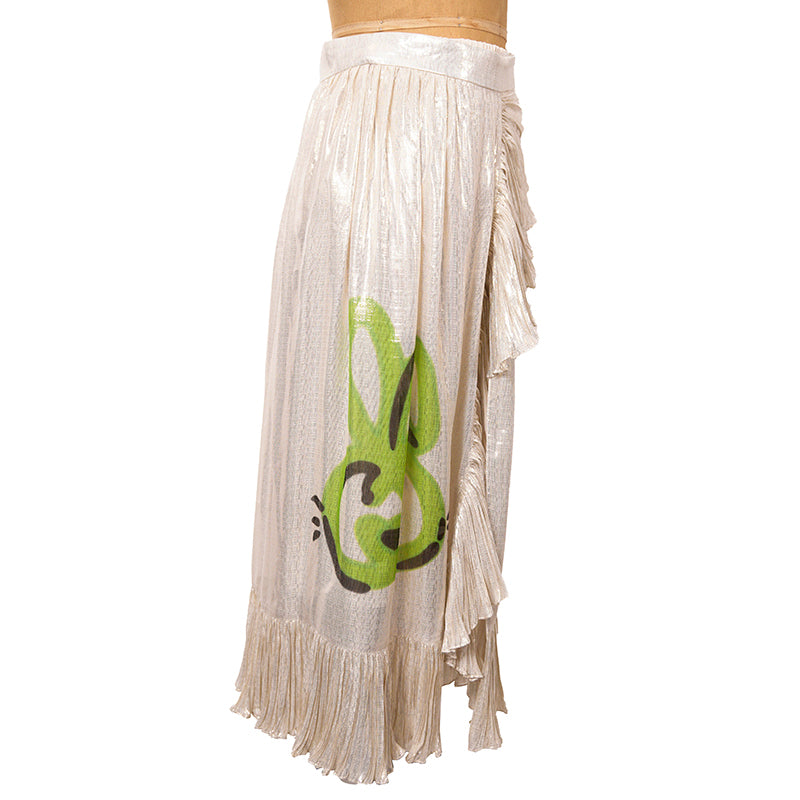 sz XS NEW $2800 GUCCI Gold Silk Ruffled Metallic GG RABBIT LUNAR YEAR Wrap SKIRT