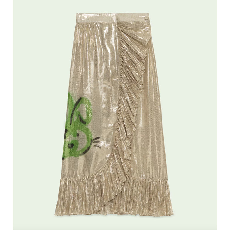 sz XS NEW $2800 GUCCI Gold Silk Ruffled Metallic GG RABBIT LUNAR YEAR Wrap SKIRT