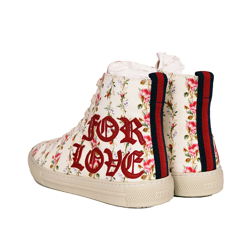 37 NEW $795 GUCCI Ivory FLORAL Rose BLIND FOR LOVE Logo Cat HIGH-TOP SNEAKERS