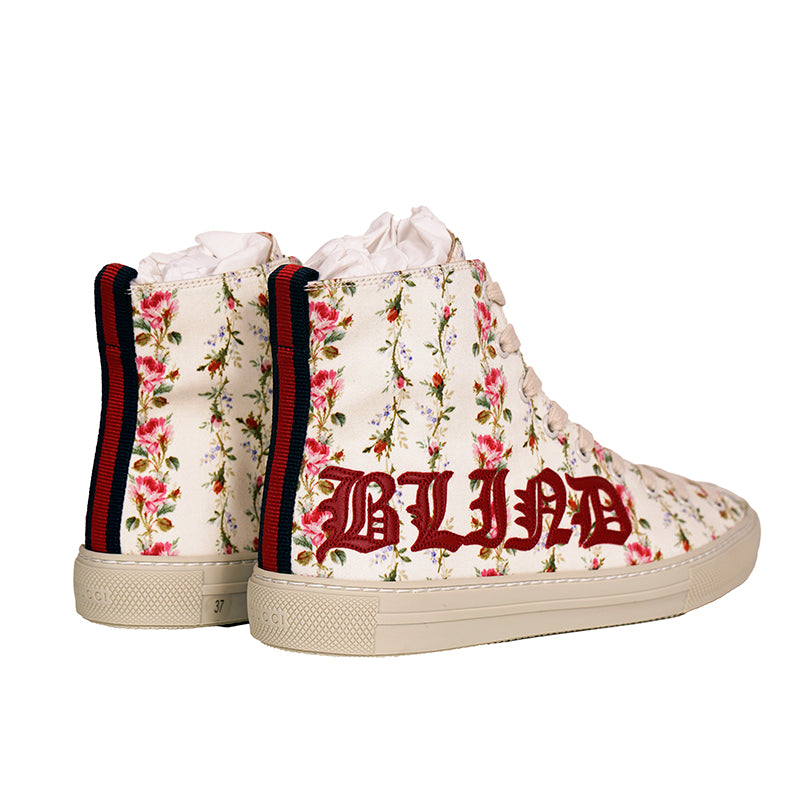 37 NEW $795 GUCCI Ivory FLORAL Rose BLIND FOR LOVE Logo Cat HIGH-TOP SNEAKERS