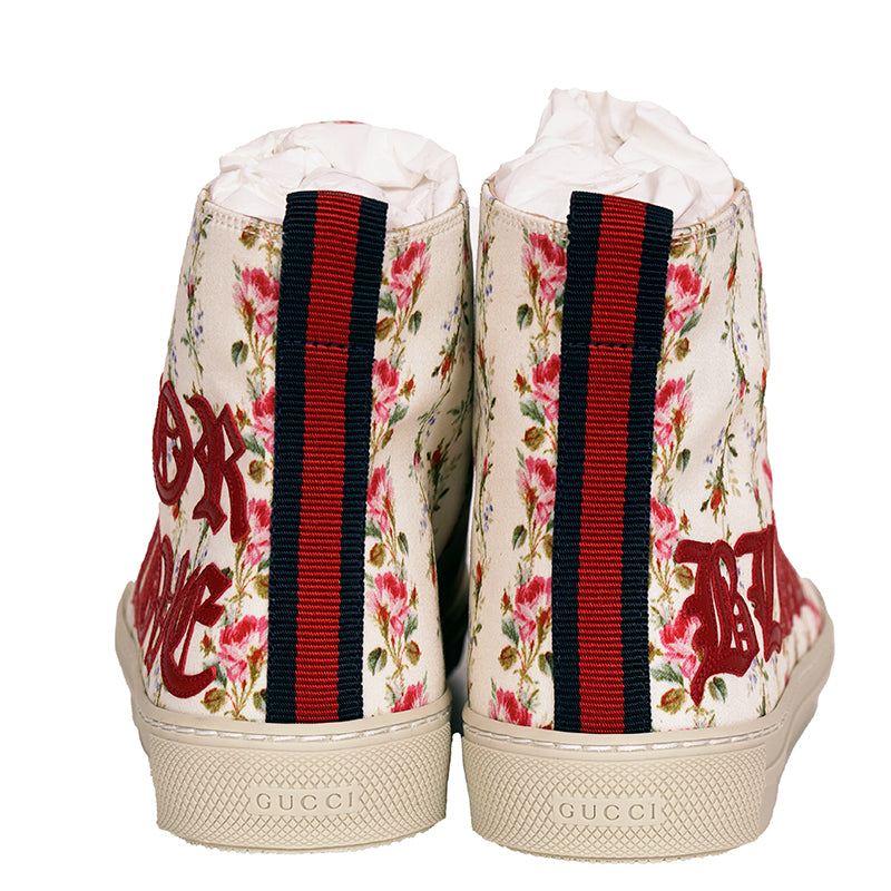 37 NEW $795 GUCCI Ivory FLORAL Rose BLIND FOR LOVE Logo Cat HIGH-TOP SNEAKERS
