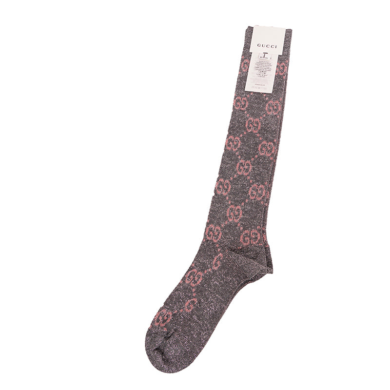 sz M NEW $290 GUCCI Woman's Gray w/ PINK GG Logo Lame' Cotton Calf SOCKS & DUSTBAG