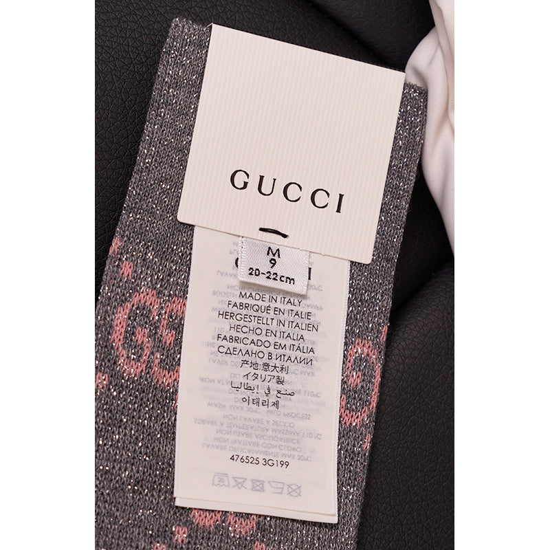sz M NEW $290 GUCCI Woman's Gray w/ PINK GG Logo Lame' Cotton Calf SOCKS & DUSTBAG
