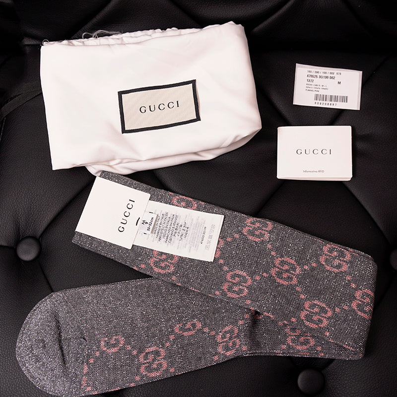 sz M NEW $290 GUCCI Woman's Gray w/ PINK GG Logo Lame' Cotton Calf SOCKS & DUSTBAG