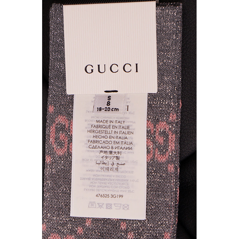 S NEW $290 GUCCI Woman's Gray w/ PINK GG Logo Lame' Cotton Calf SOCKS & DUSTBAG