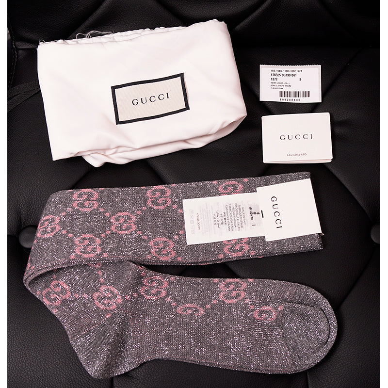 S NEW $290 GUCCI Woman's Gray w/ PINK GG Logo Lame' Cotton Calf SOCKS & DUSTBAG