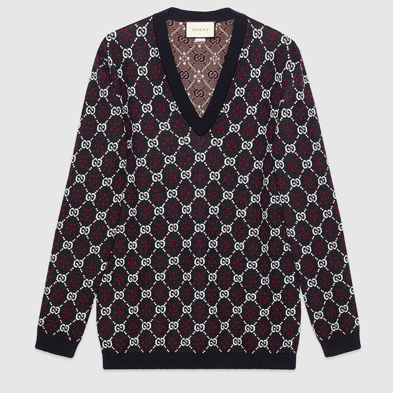 sz S NEW $1100 GUCCI Men's Blue RED WHITE GG LOGO V Neck Pull-Over KNIT SWEATER