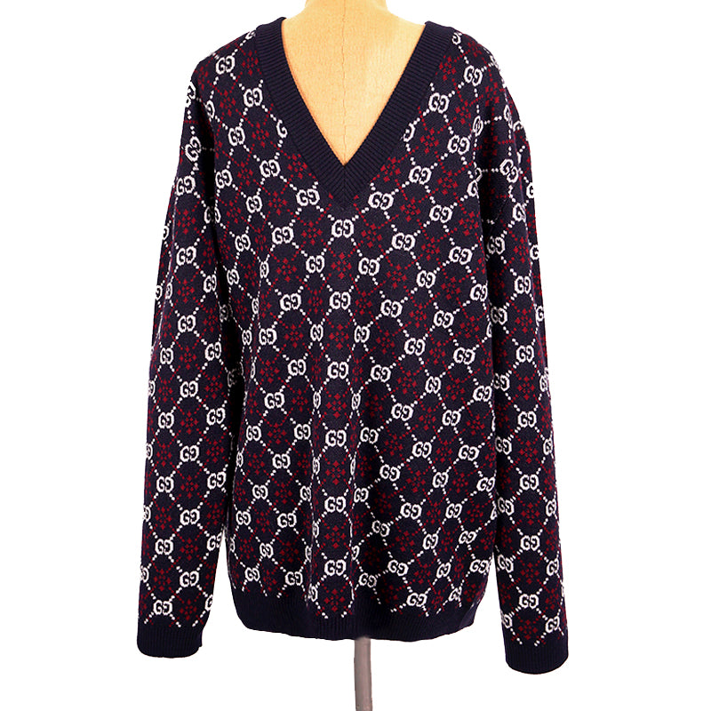 sz S NEW $1100 GUCCI Men's Blue RED WHITE GG LOGO V Neck Pull-Over KNIT SWEATER