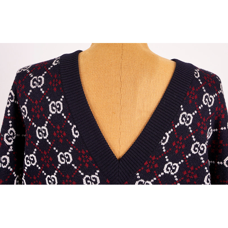 sz S NEW $1100 GUCCI Men's Blue RED WHITE GG LOGO V Neck Pull-Over KNIT SWEATER