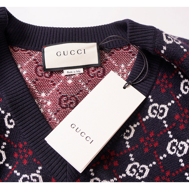 sz S NEW $1100 GUCCI Men's Blue RED WHITE GG LOGO V Neck Pull-Over KNIT SWEATER