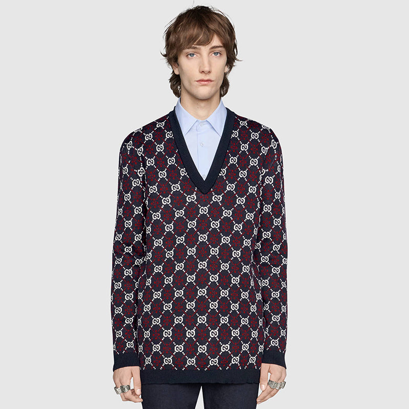 sz S NEW $1100 GUCCI Men's Blue RED WHITE GG LOGO V Neck Pull-Over KNIT SWEATER