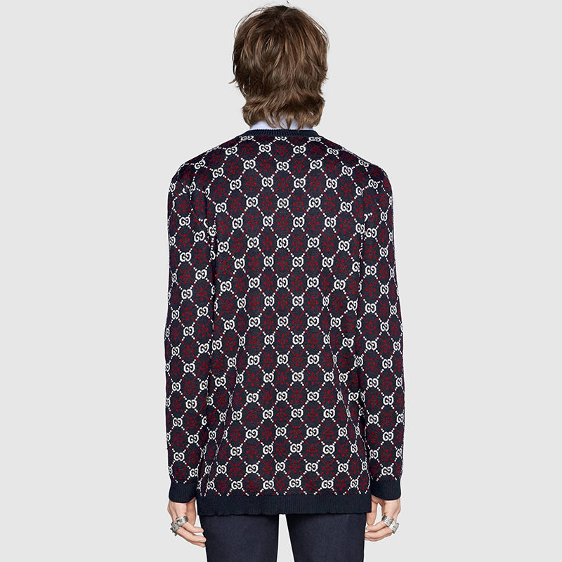 sz S NEW $1100 GUCCI Men's Blue RED WHITE GG LOGO V Neck Pull-Over KNIT SWEATER