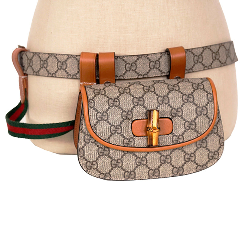 NEW $3,400 GUCCI RUNWAY Coated Canvas & Leather BAMBOO 1947 Mini 2-WAY BELT BAG