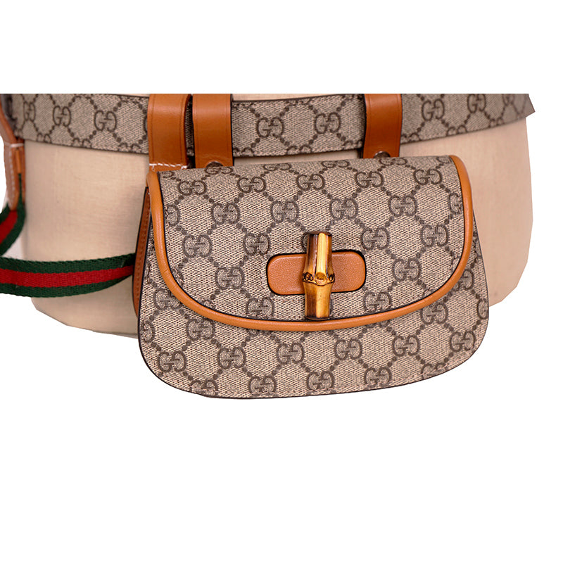 NEW $3,400 GUCCI RUNWAY Coated Canvas & Leather BAMBOO 1947 Mini 2-WAY BELT BAG