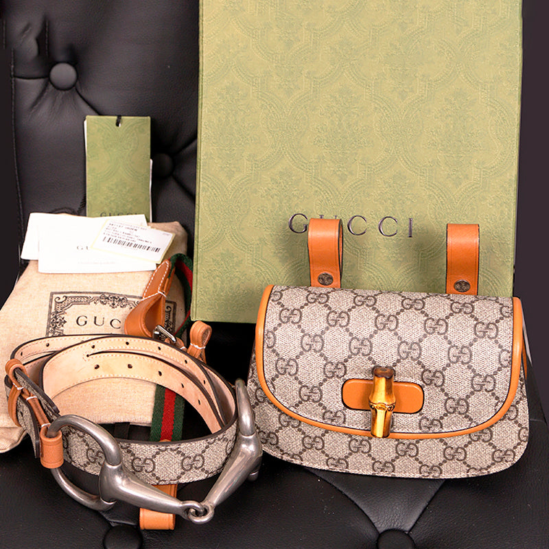 NEW $3,400 GUCCI RUNWAY Coated Canvas & Leather BAMBOO 1947 Mini 2-WAY BELT BAG
