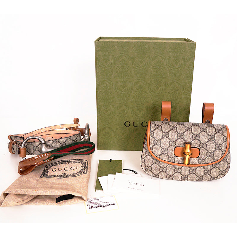NEW $3,400 GUCCI RUNWAY Coated Canvas & Leather BAMBOO 1947 Mini 2-WAY BELT BAG