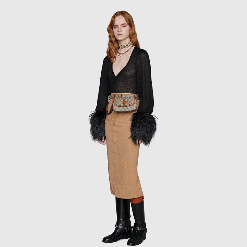 NEW $3,400 GUCCI RUNWAY Coated Canvas & Leather BAMBOO 1947 Mini 2-WAY BELT BAG