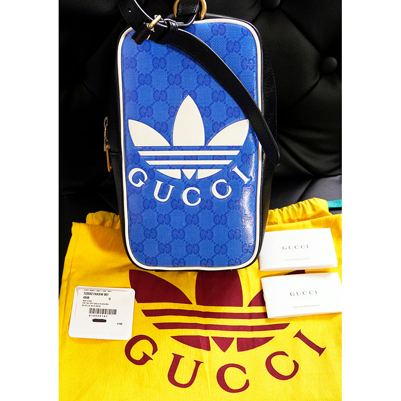 NEW $2025 GUCCI x ADIDAS Blue GG Supreme Crystal Coated Canvas Top Handle BAG