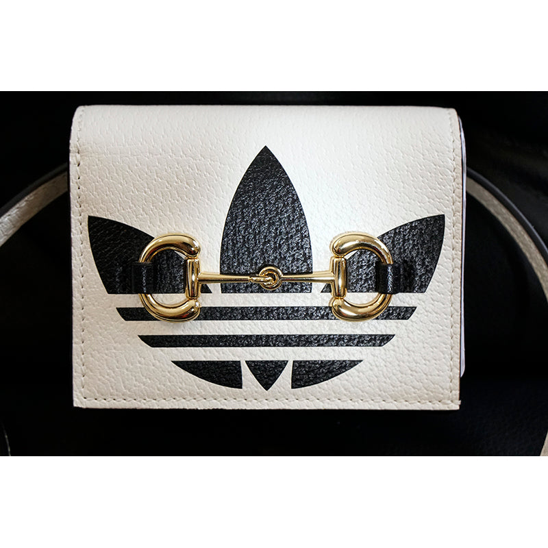 NEW $895 GUCCI Adidas Collab White Leather 1955 Horsebit CARD HOLDER MINI BAG