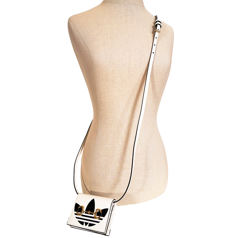 NEW $895 GUCCI Adidas Collab White Leather 1955 Horsebit CARD HOLDER MINI BAG