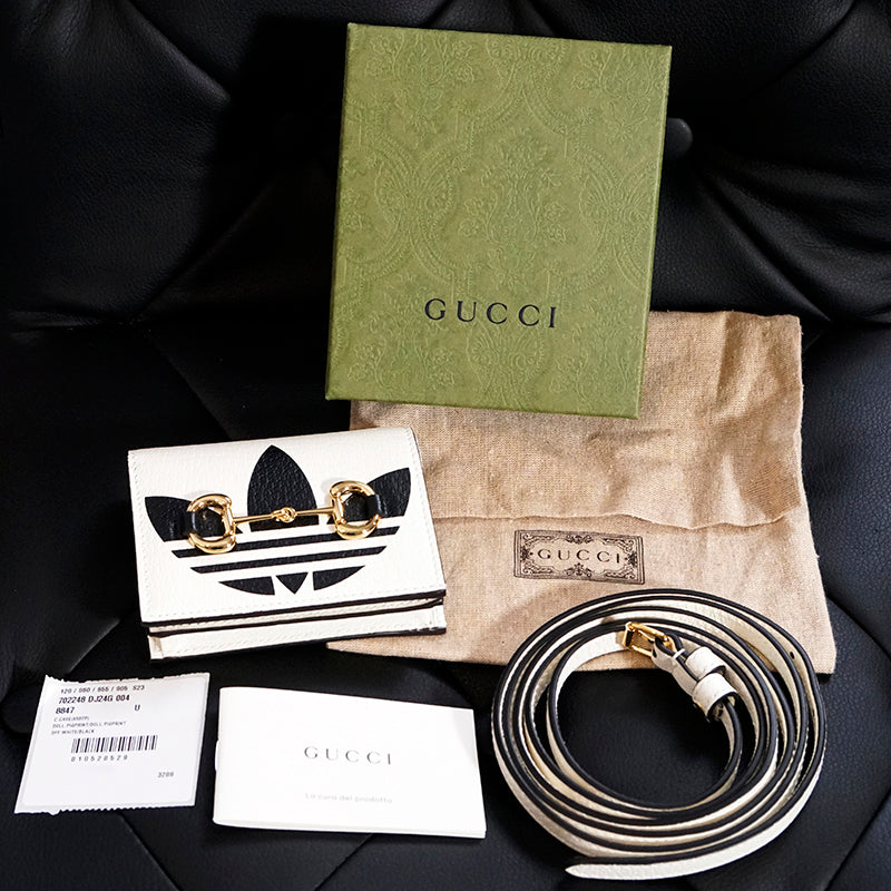 NEW $895 GUCCI Adidas Collab White Leather 1955 Horsebit CARD HOLDER MINI BAG
