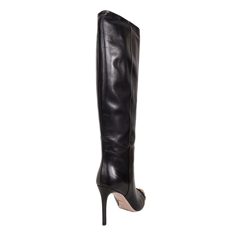 sz 37 GUCCI Black Leather GOLD STUDDED TOE Colin Fall Winter KNEE BOOTS Worn 1X