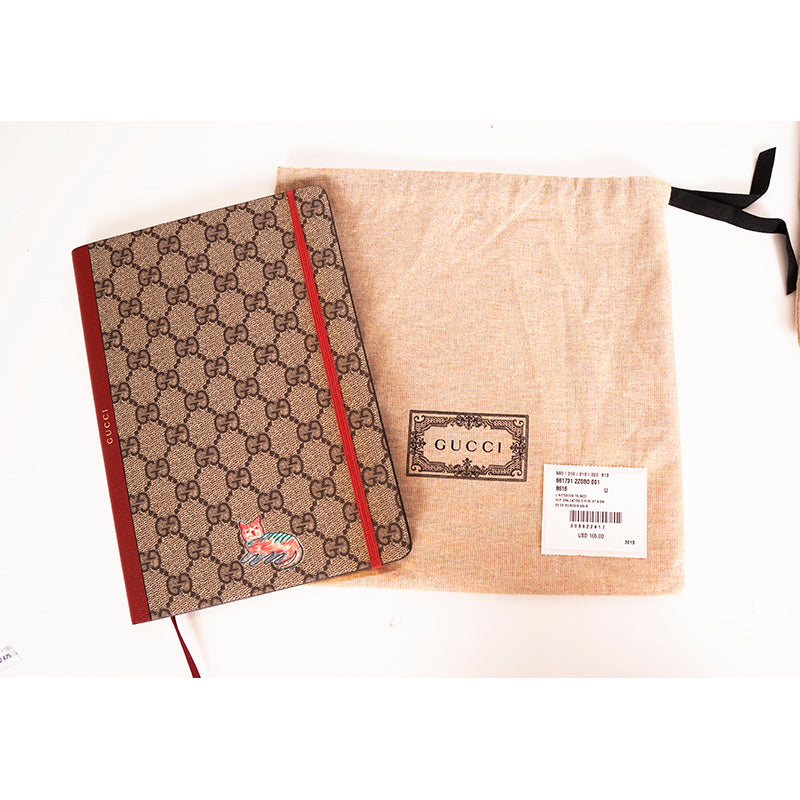 NEW $260 GUCCI Whimsy DERPY CAT GG Supreme Coated Canvas Stationery NOTEBOOK NWT