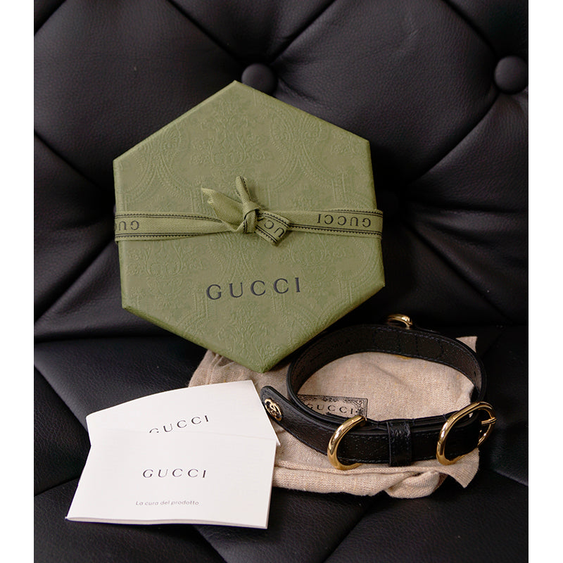 NEW $480 GUCCI Black Demetra Leather GOLD GG Logo PET Cat/Dog 100cm LEASH NIB
