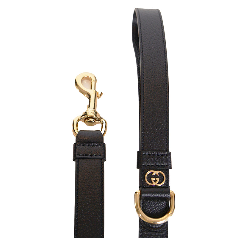 NEW $480 GUCCI Black Demetra Leather GOLD GG Logo PET Cat/Dog 100cm LEASH NIB