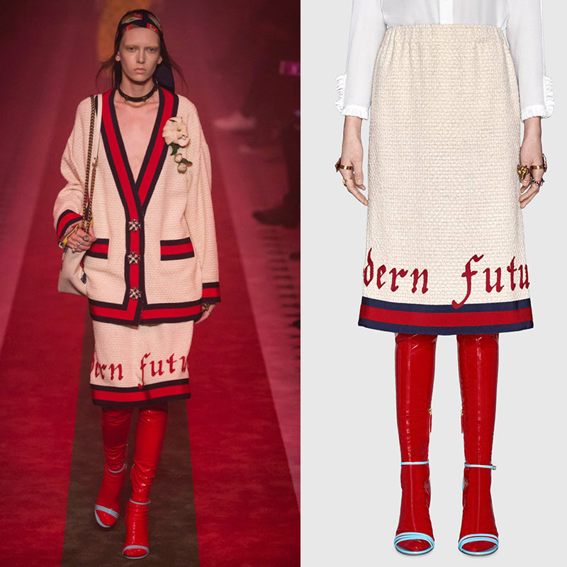 36 NEW $1500 GUCCI RUNWAY Ivory MODERN FUTURE Cotton Tweed Pencil LOGO WEB SKIRT