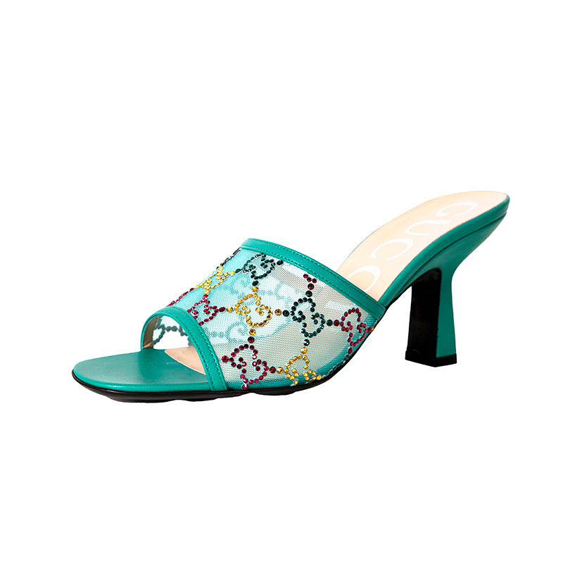 37 NEW $1,050 GUCCI Teal Mesh MULTICOLOR CRYSTAL GG Mid-heel SLIDE SANDALS NIB