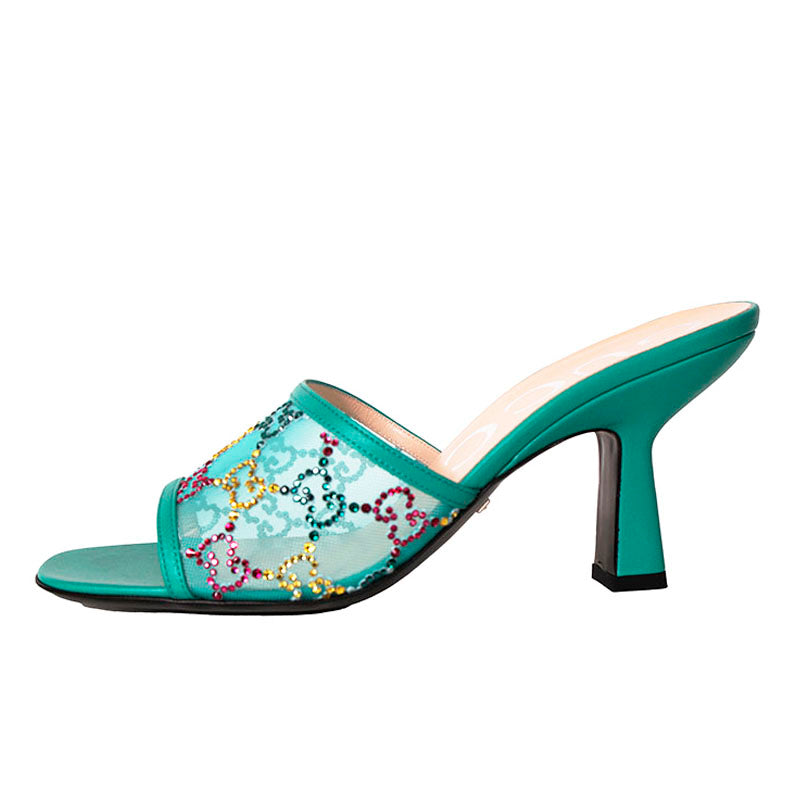37 NEW $1,050 GUCCI Teal Mesh MULTICOLOR CRYSTAL GG Mid-heel SLIDE SANDALS NIB