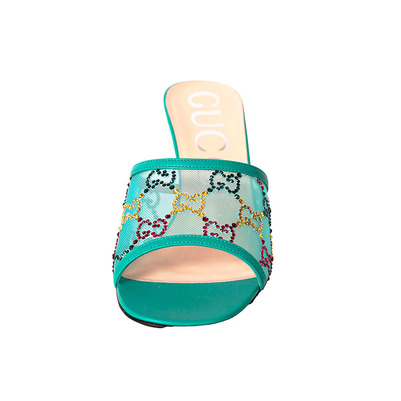 37 NEW $1,050 GUCCI Teal Mesh MULTICOLOR CRYSTAL GG Mid-heel SLIDE SANDALS NIB