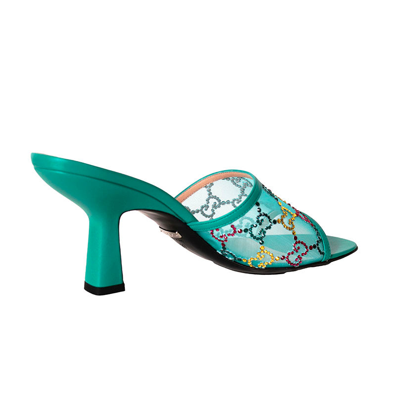 37 NEW $1,050 GUCCI Teal Mesh MULTICOLOR CRYSTAL GG Mid-heel SLIDE SANDALS NIB