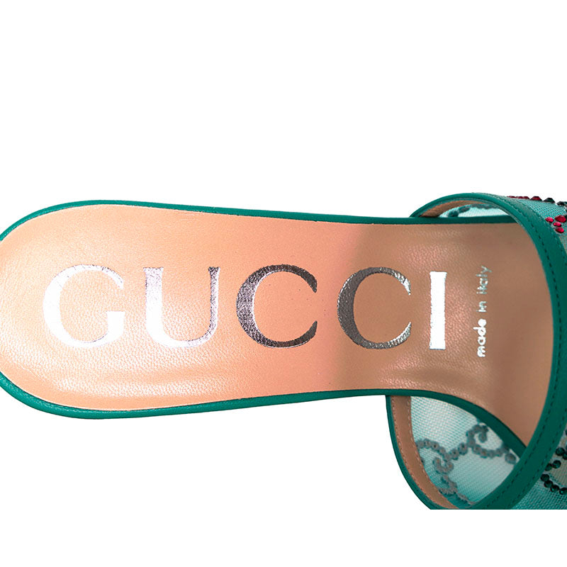 37 NEW $1,050 GUCCI Teal Mesh MULTICOLOR CRYSTAL GG Mid-heel SLIDE SANDALS NIB