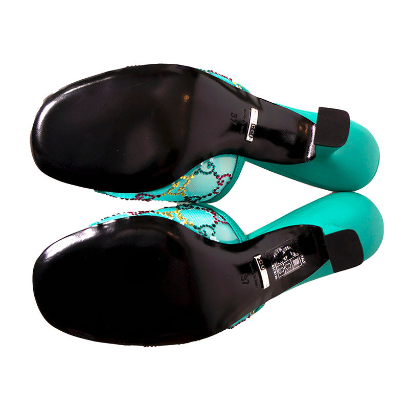 37 NEW $1,050 GUCCI Teal Mesh MULTICOLOR CRYSTAL GG Mid-heel SLIDE SANDALS NIB