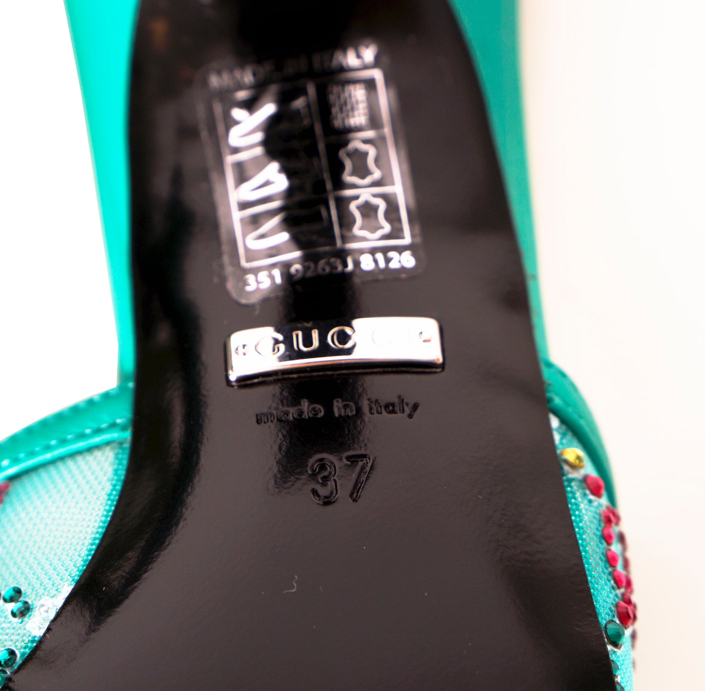 37 NEW $1,050 GUCCI Teal Mesh MULTICOLOR CRYSTAL GG Mid-heel SLIDE SANDALS NIB